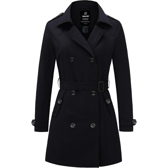 Women's Black  Waterproof Trench Coat Classic Lapel Outerwear Coat with Belt - Picture 1 of 6